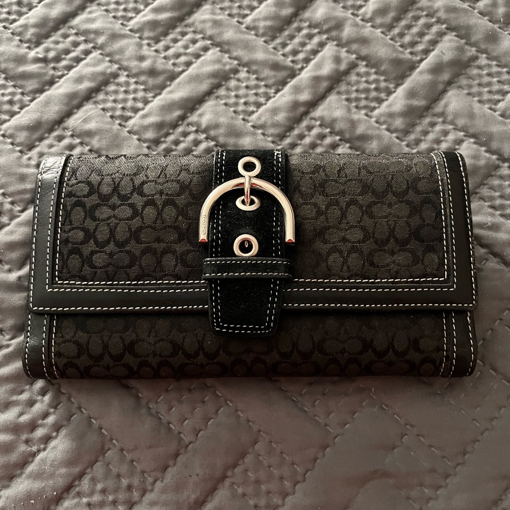 Coach Signature Black Leather & Canvas Silver Buckle Button Long Wallet